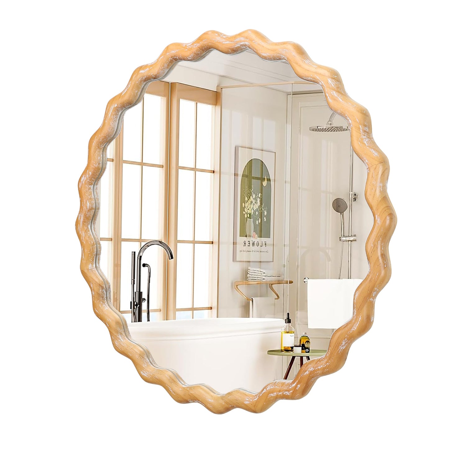 Round Wall Mirror – Farmhouse Wood Frame Antique Natural 27.56" x