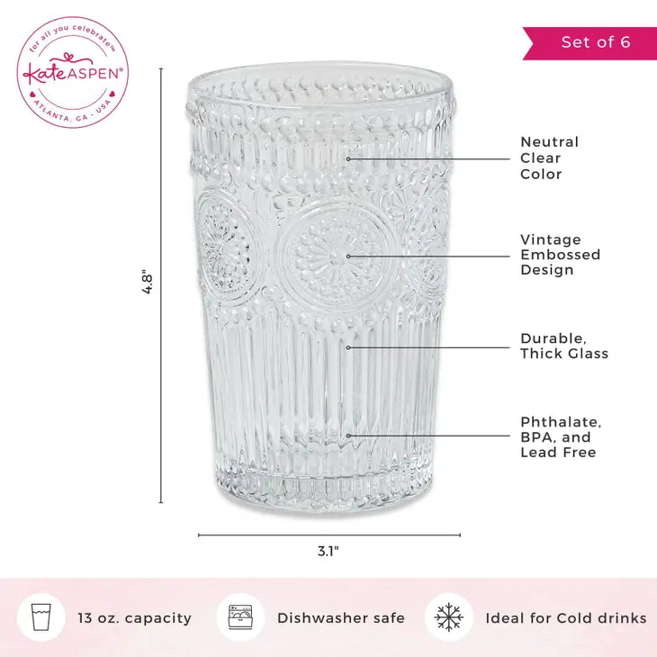 13 Oz. Vintage Textured Drinking Glasses ( 6 pcs)