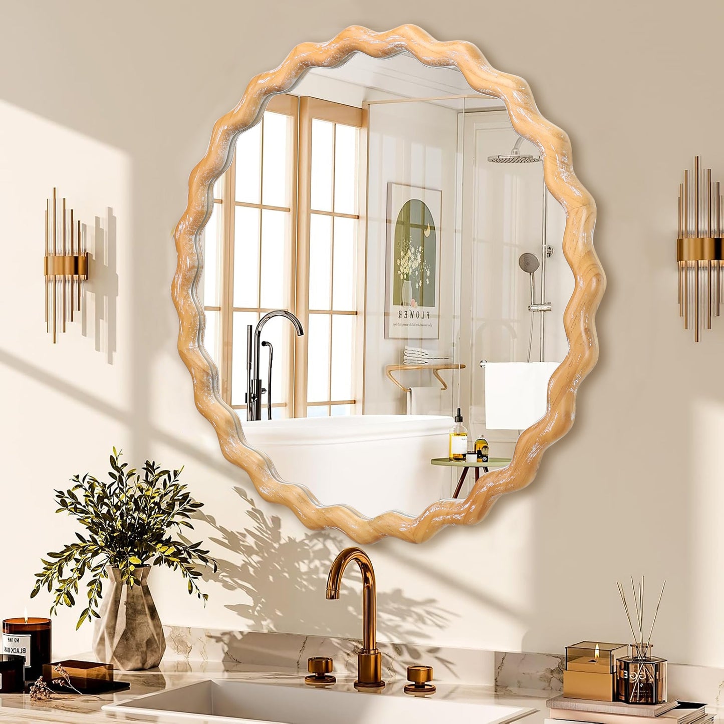Round Wall Mirror – Farmhouse Wood Frame Antique Natural 27.56" x
