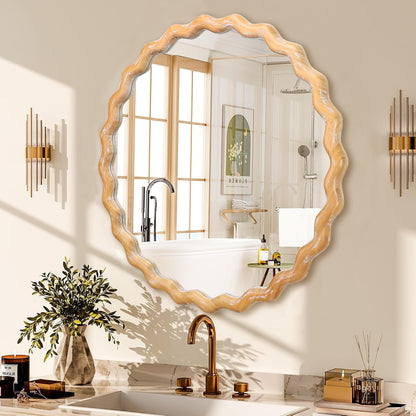 Round Wall Mirror – Farmhouse Wood Frame Antique Natural 27.56" x