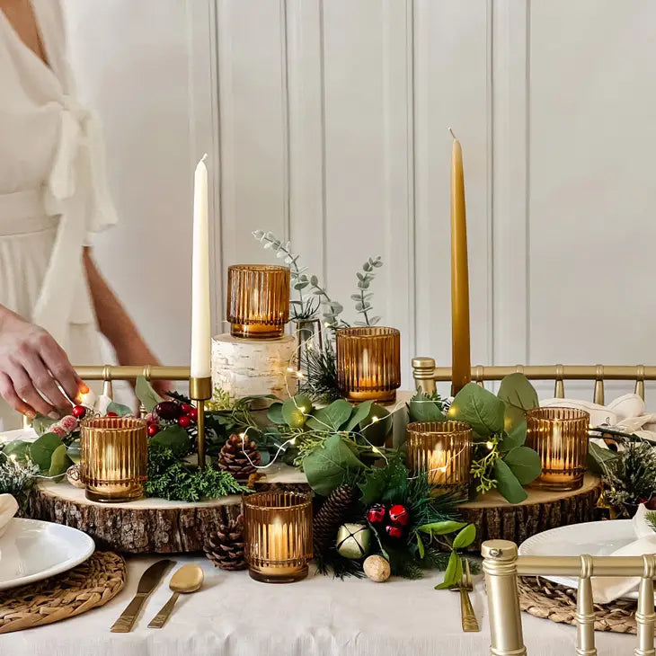 Ribbed Amber Glass Votive Candle Holder