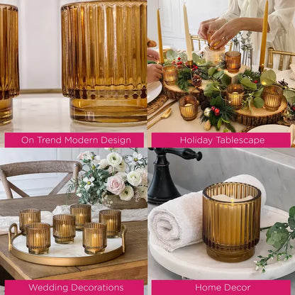 Ribbed Amber Glass Votive Candle Holder